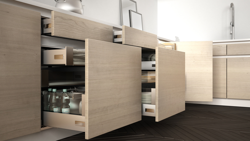 Modern,Kitchen,,Opened,Wooden,Drawers,With,Accessories,Inside,,Solution,For